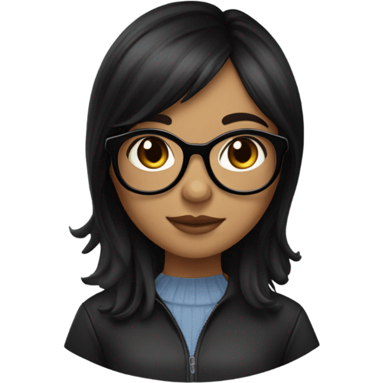 girl with slightly wavy black hair medium length  in layers has curtain bangs tanned skin brown eyes black circular glasses emoji