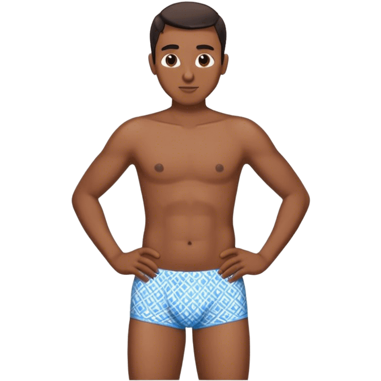 Blue heart patterned men’s briefs hands on hips brown skin emoji