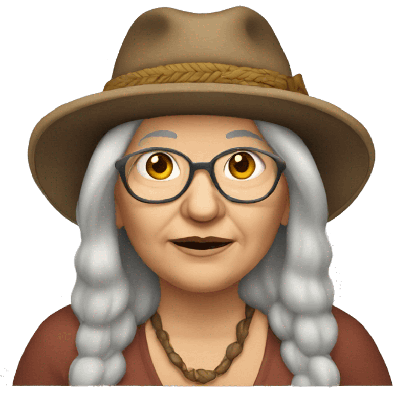 Fat old hippie woman long dark hair and hat emoji