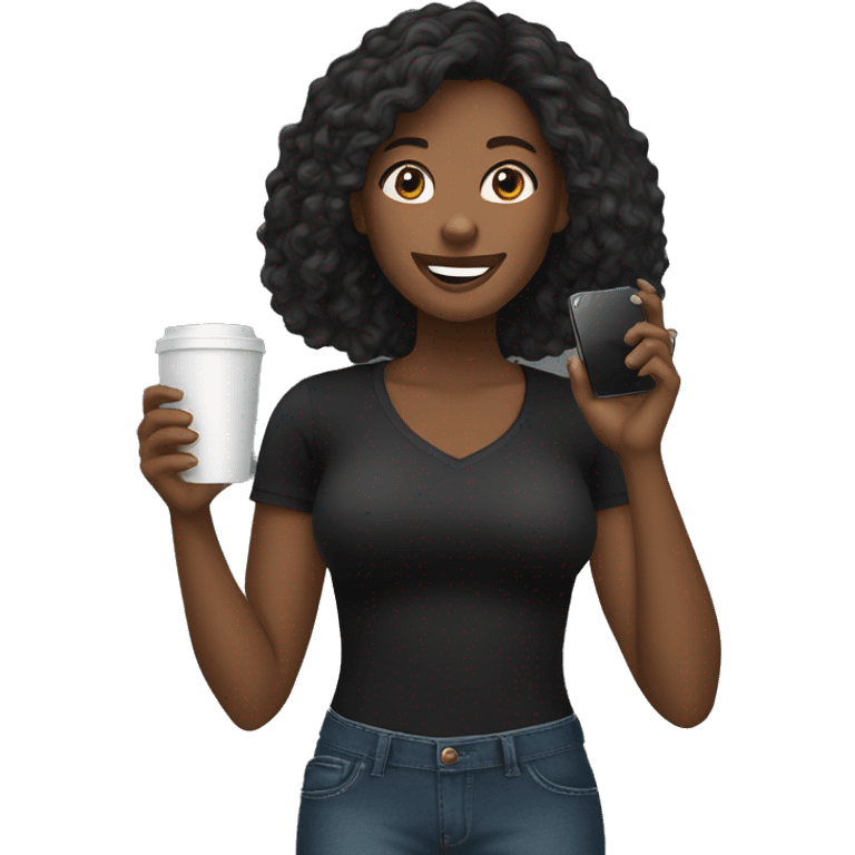 African American female talking on cellphone and holding a coffee wearing black shirt and jeans  emoji