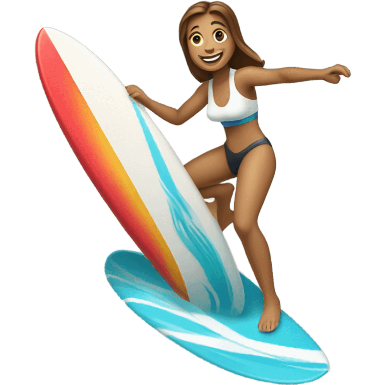 A person (🏄‍♀️) surfing on a wave (🌊). The person is smiling and riding a bright-colored surfboard. emoji