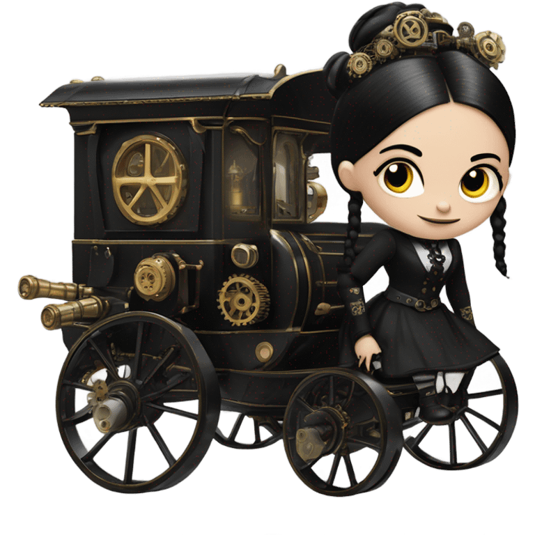 Wednesday Addams riding in a bright steampunk electric wagon emoji