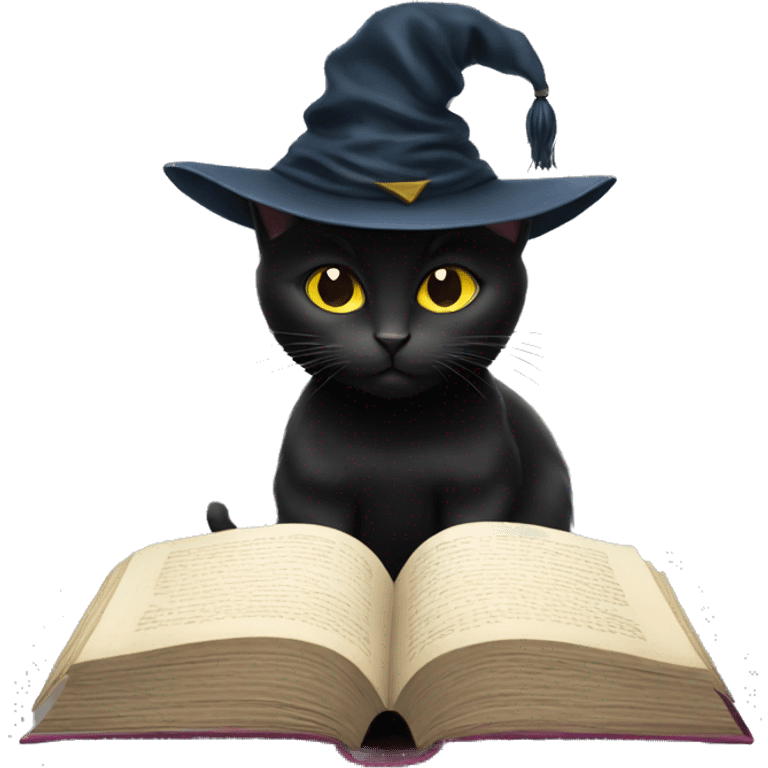 A black cat wearing a wizard hat reading a book with emoji