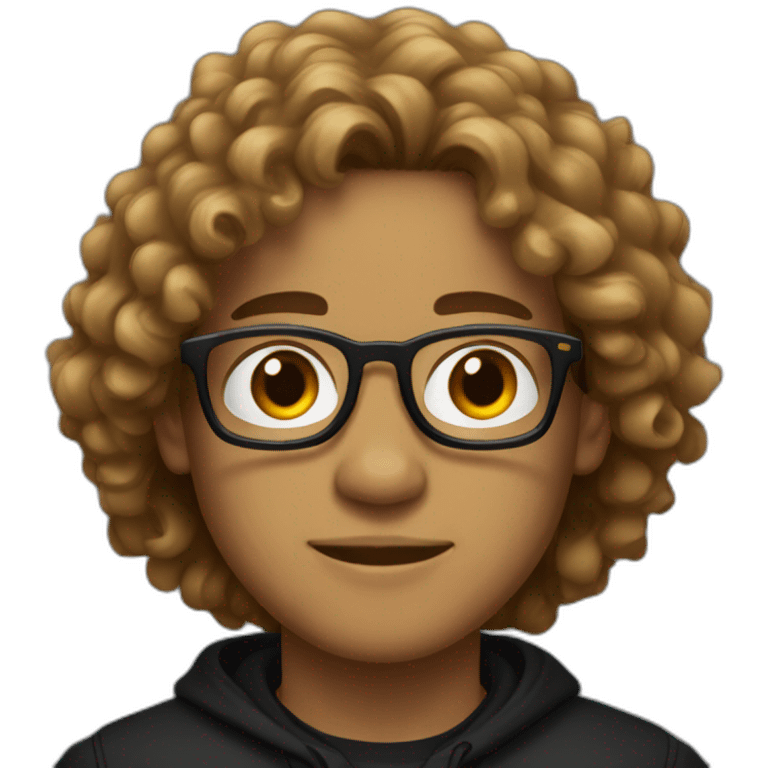 A young man wearing glasses, his skin is very light brown, and He has long curly hair and a black winter shirt as well emoji