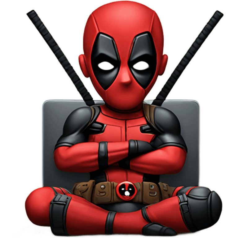 Cute Deadpool sitting at a desk, front view laptop emoji