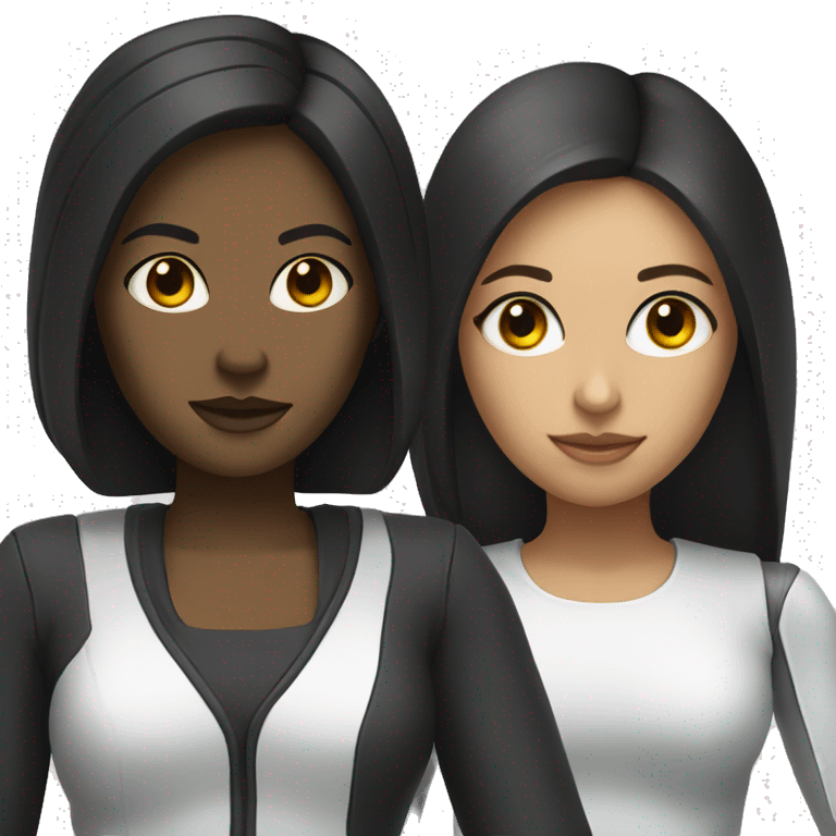 Half Woman (dark hair, eyeliner) and half robot emoji