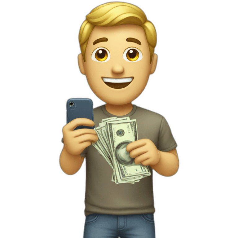 Happy man with IPhone and money emoji