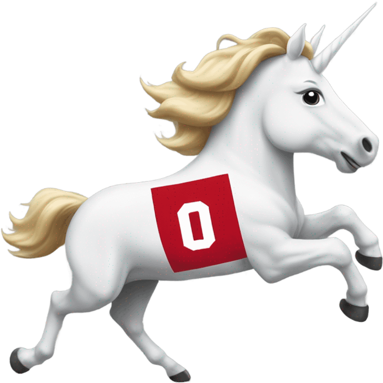 Unicorn running through football field wearing Ohio state university shirt emoji