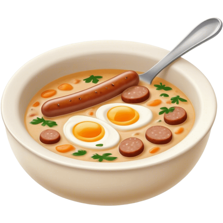 Cinematic Realistic ≈ªurek Soup Dish Emoji, depicted as a tangy, creamy rye soup with sausage and egg rendered with detailed textures and warm, comforting lighting. emoji