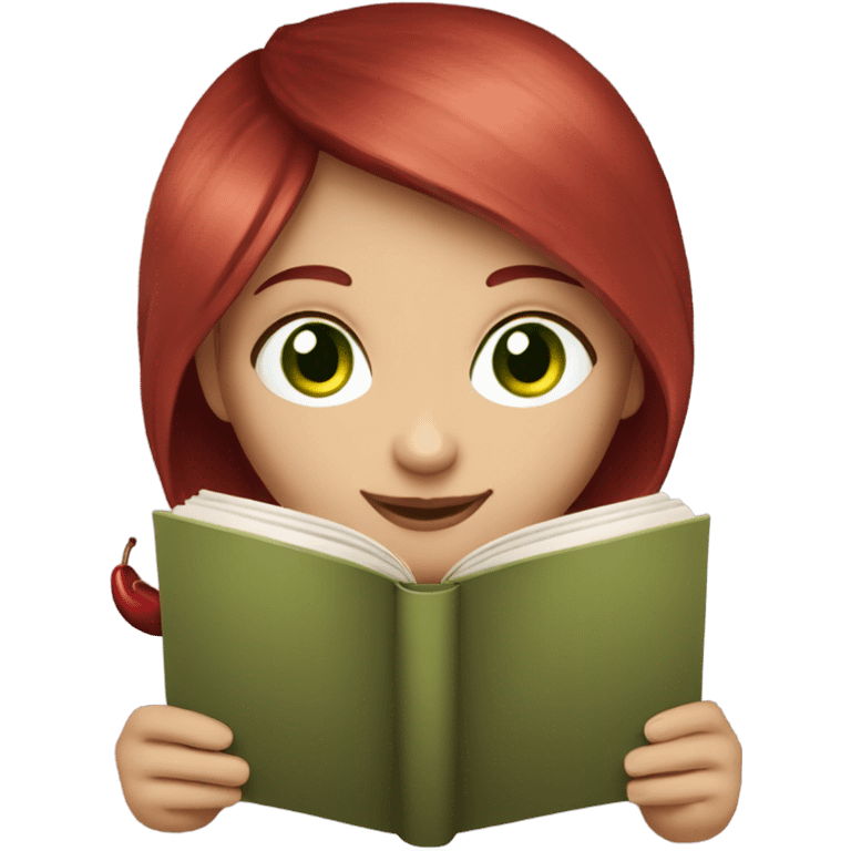 Cherry red hair, green eyes, girl reading a book emoji