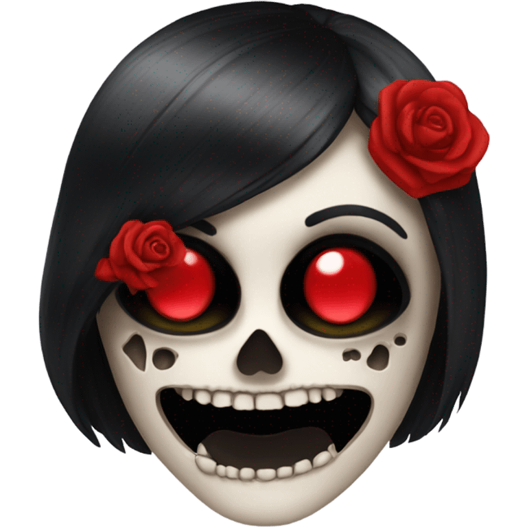 Skull with black hair and red lipstick emoji