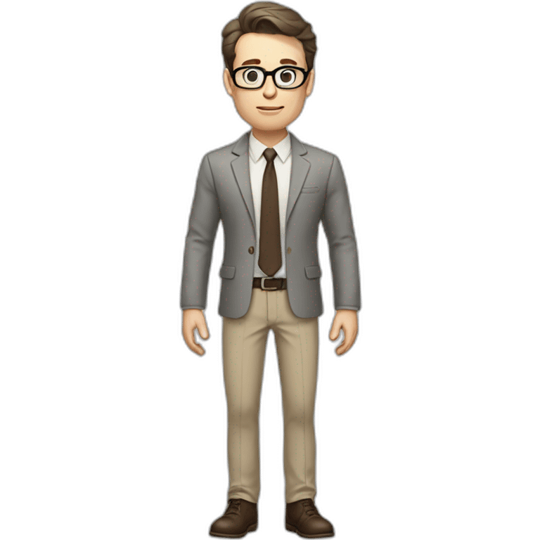 Full height Actively Gesturing Pale skinned fit man with dark brown hair in gray jacket, beige office shirt, brown tie, brown pants and vintage glasses. emoji