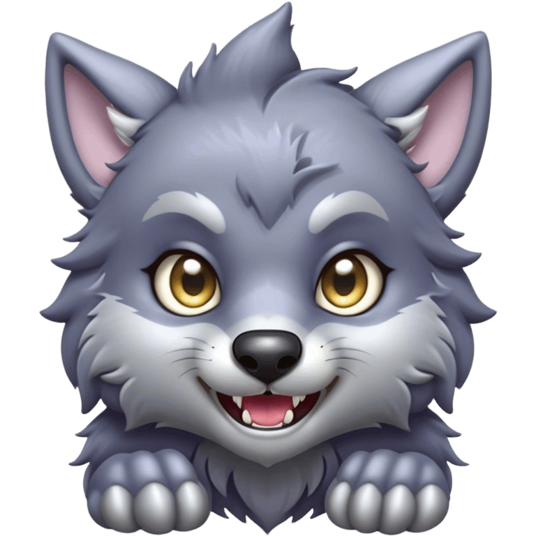 Cinematic Cute Werewolf Portrait Emoji, with a cuddly, miniature lupine form in soft moonlit grays and silvers, featuring oversized sparkling eyes and a sweet, endearing snarl, simplified yet irresistibly adorable, highly detailed with a gentle glowing outline that captures the playful, heartwarming essence of a little werewolf! emoji