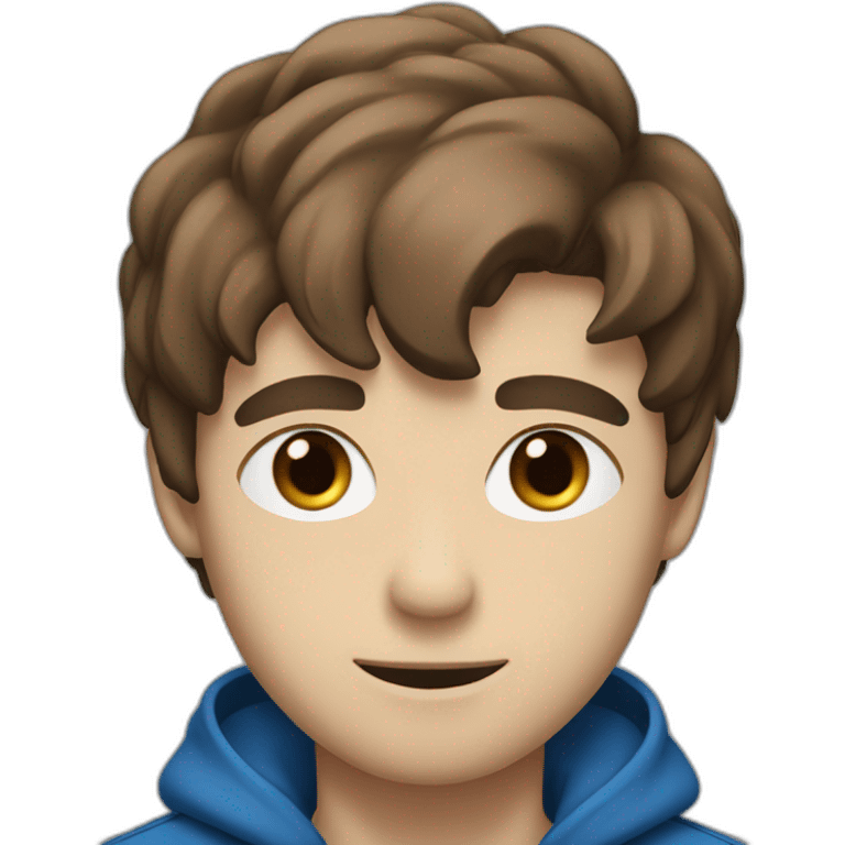 a guy with an emo haircut, a blue jacket and blue eyes.  and brown hair. emoji