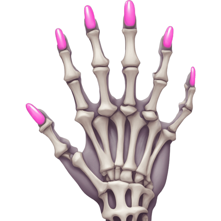 Pretty skeleton 5 fingers hand with pink nails manicure girly design but stylish minimalistic emoji