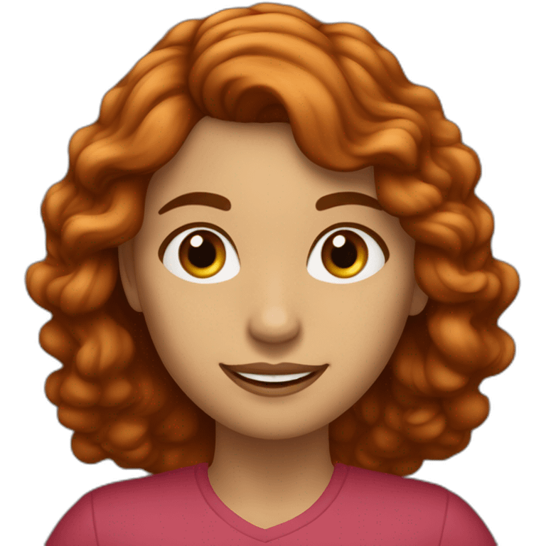 mujer con pelo pelirrojo, ondulado largo y hasta el pecho, con ojos marrones verdosos y muy sonriente con una mano levantada emoji