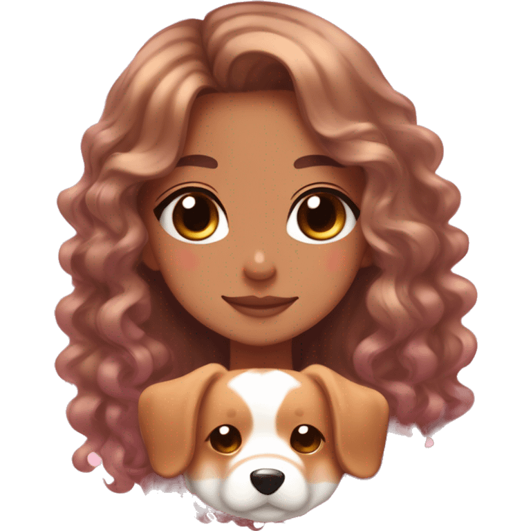 TAN SKIN GIRL WITH LONG BROWN CURLY HAIR AND A CORGI pink kawaii shiny blushing cute kawaii pastel anime trending style pink pastelcore emoji