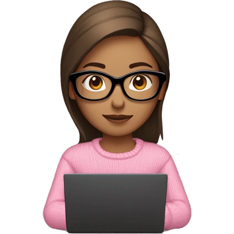 Girl with straight brown hair and black glasses frame and in pink sweater working behind laptop emoji