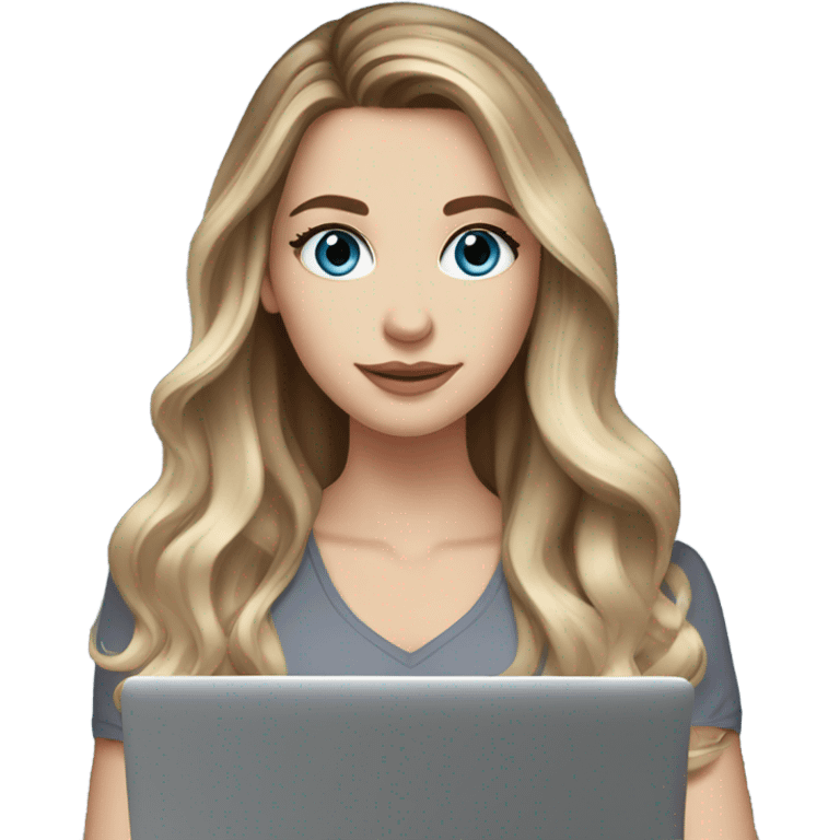 White girl blue eyes with long voluminous brown hair with blonde highlights balayage holding a laptop 
 emoji