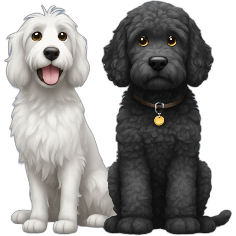 grey cat with white spots, and a black labradoodle emoji