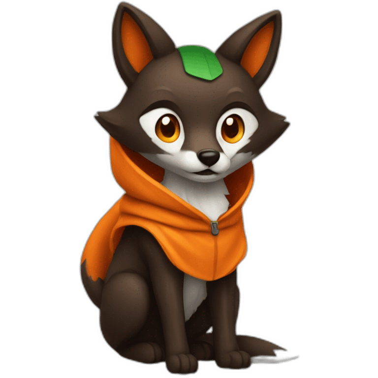 a small dark brown fox with orange eyes with a dark green hood that smile emoji