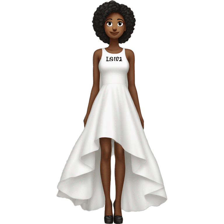 White high low dress with black words on the bottom of the dress  emoji