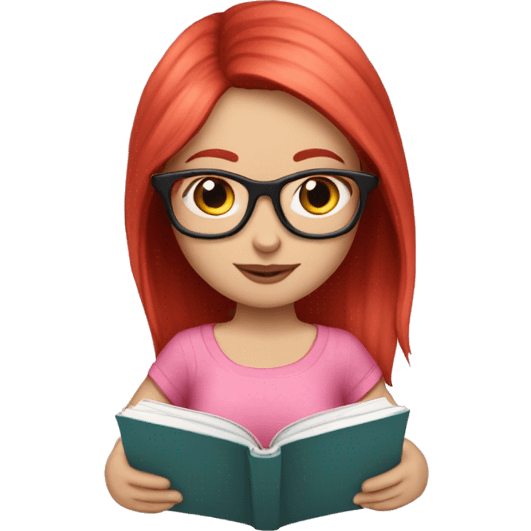 Pale girl with red hair and glasses reading a book she’s got a cute pink outfit on emoji