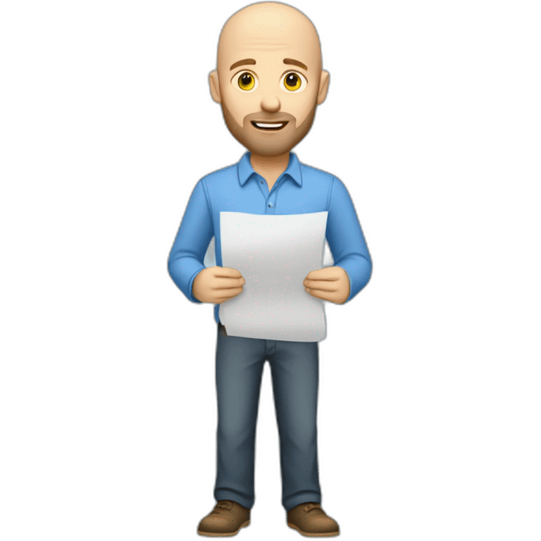 caucasian male with small beard and almost bald smart casual blue shirt holding papers emoji