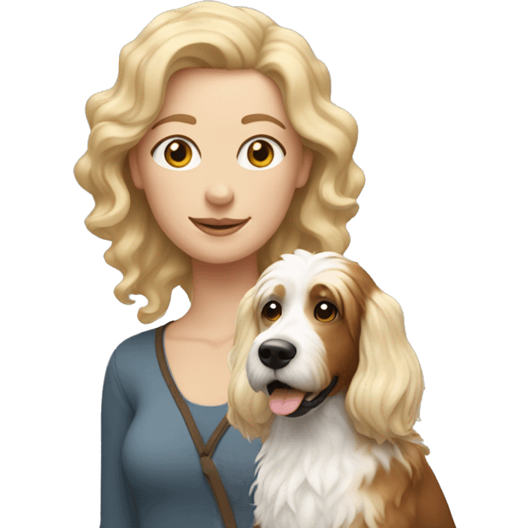 white woman with long blonde hair alongside a tri-colored bernadoodle dog  emoji