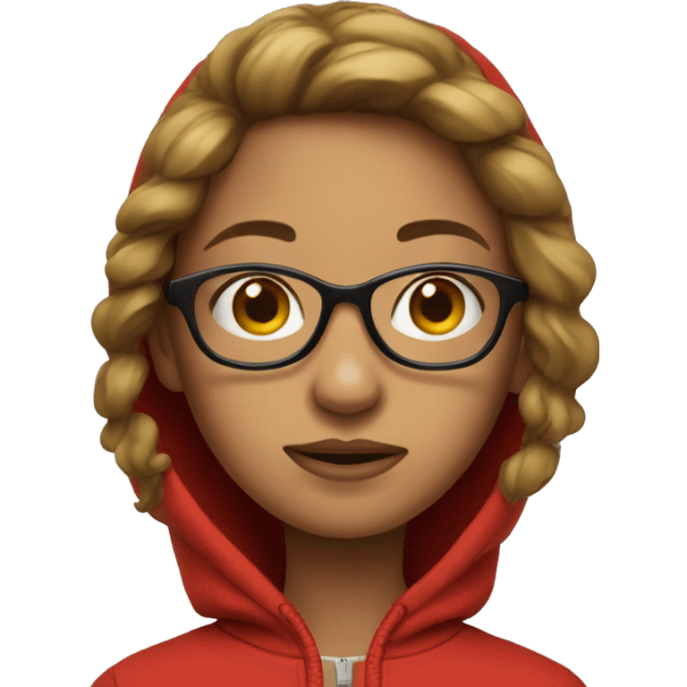 girl in a red hoodie zipped over the face, wearing glasses emoji