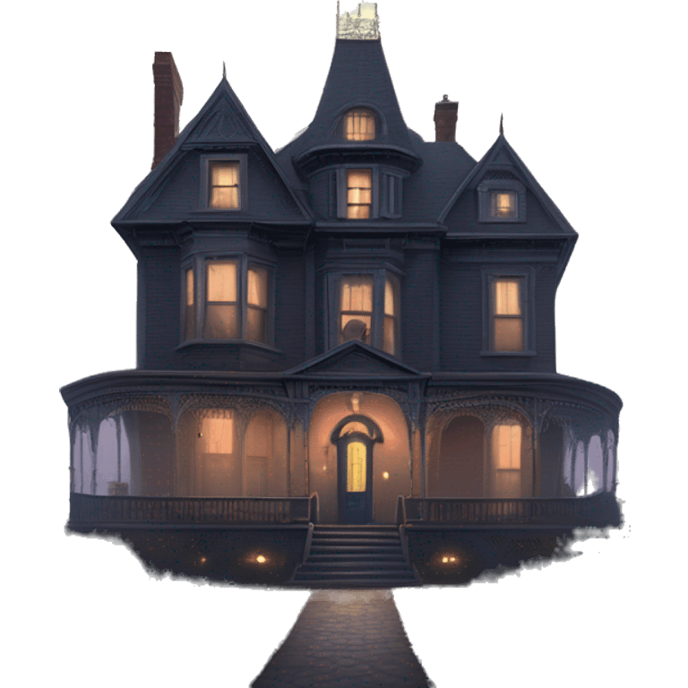 Fantastic Wide full view, A very roomy ramshackle Victorian Addams’s mansion looms through light fog at dusk  emoji