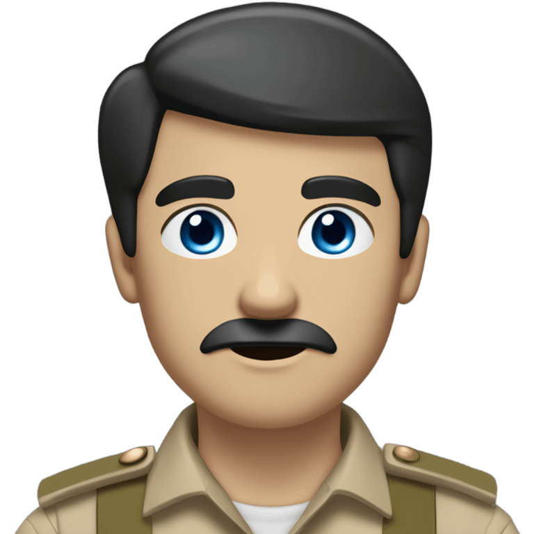 A man with black hair combed left, sharp blue eyes, and a pale, angular face. He has a small mustache, pointed nose, and wears a light brown military shirt with a red armband emoji