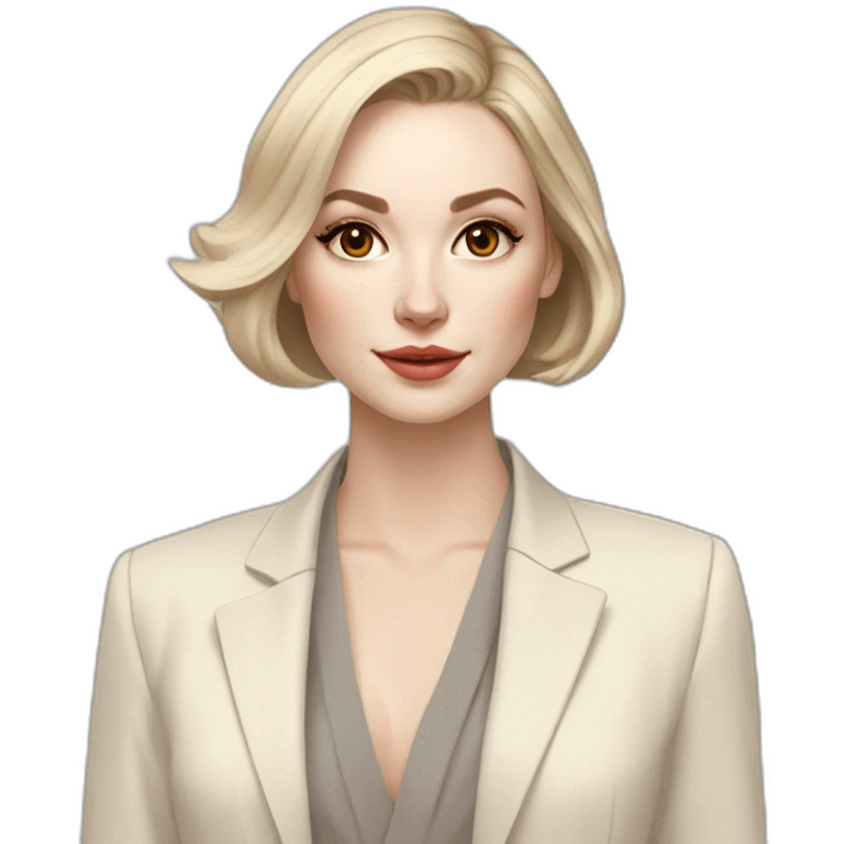 pale skin woman with ash blonde Straightened bob Hair, White Spacious classical jacket, beige palazzo Arrow pants and gray blouse holding a color palettes in the hands emoji