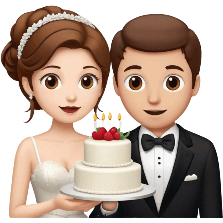 Wedding dress woman with brown hair and man in a tux with brown hair eating wedding cake emoji