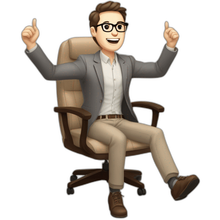 Joyful Celebrating victory Hands up Pale skinned Fit Man With dark brown hair in gray jacket, beige office shirt, Brown pants and vintage glasses sitting In a soft chair emoji