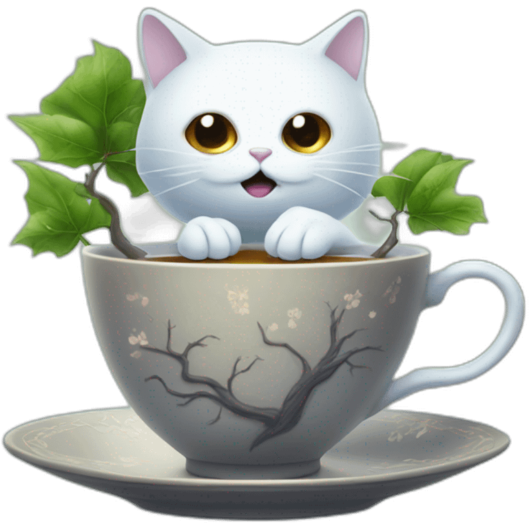 Cat ghost with tea cup and tree emoji