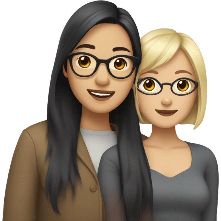 Two women, one Asian with glasses and black hair, one Caucasian with brown roots and blonde hair, in love  emoji