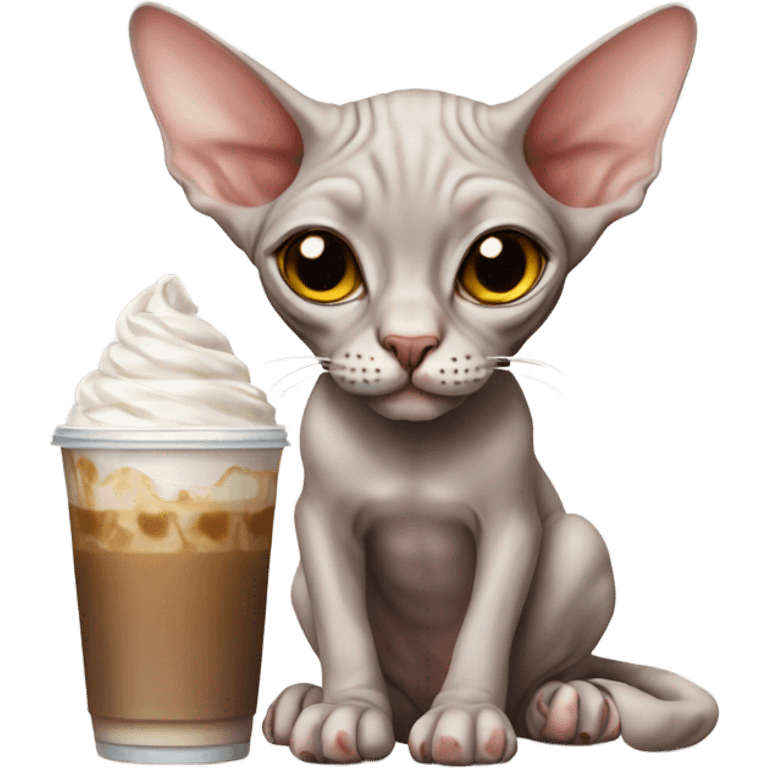 Sphynx cat drinking an iced coffee emoji