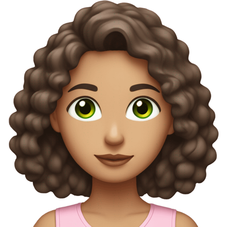 Dark brown long curly hair and green eyes yoga beautiful young woman in light pink pink pink clothes sitting on a yoga mat emoji