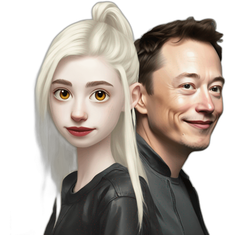 Grimes with gobs of white goop on face, elon musk smirking, duo emoji