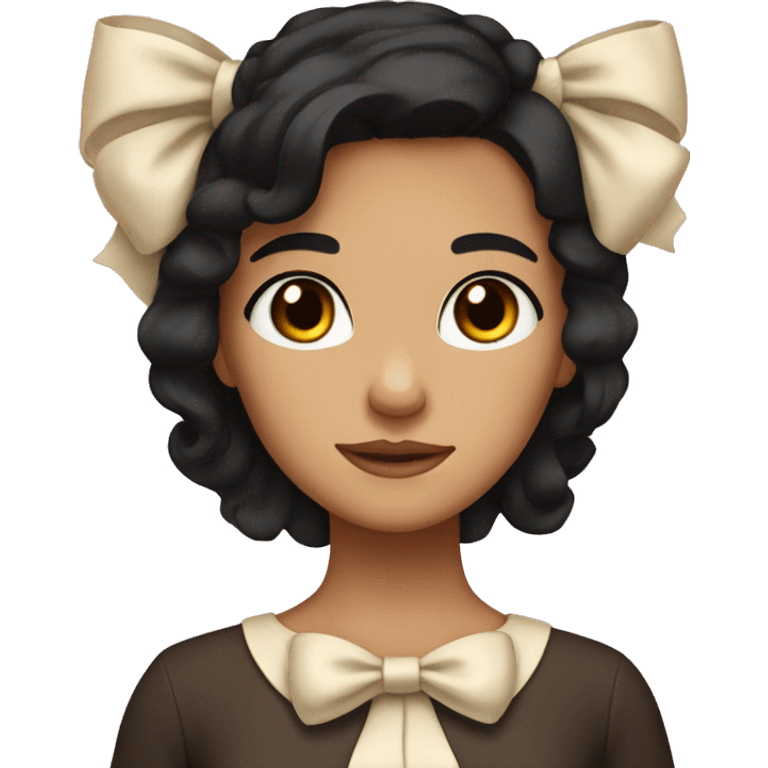 Cute Tan girl with black hair and brown eyes wearing a cream bow emoji