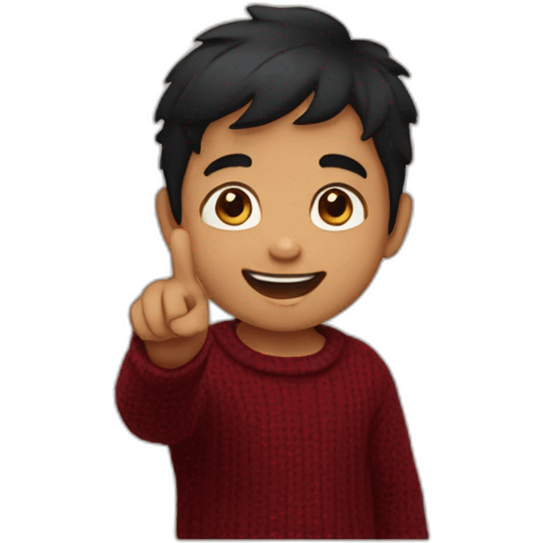 smiling and pointing 3 years old north indian with black hair wearing a dark red sweater emoji