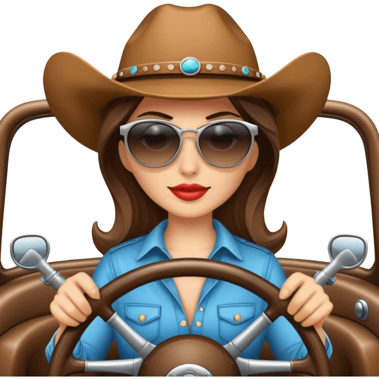 Cowgirl wearing sunglasses behind steering wheel emoji