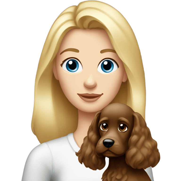 Old blue eyed blonde lady with long straight hair with dark brown Cockapoo puppy dog emoji