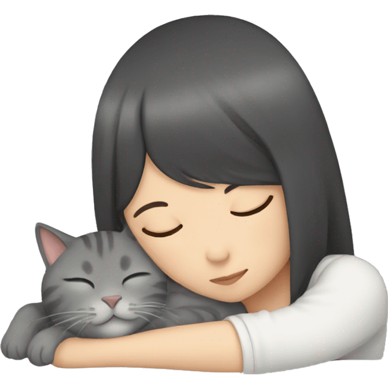 Gray cat sleeping with Asian girl emoji