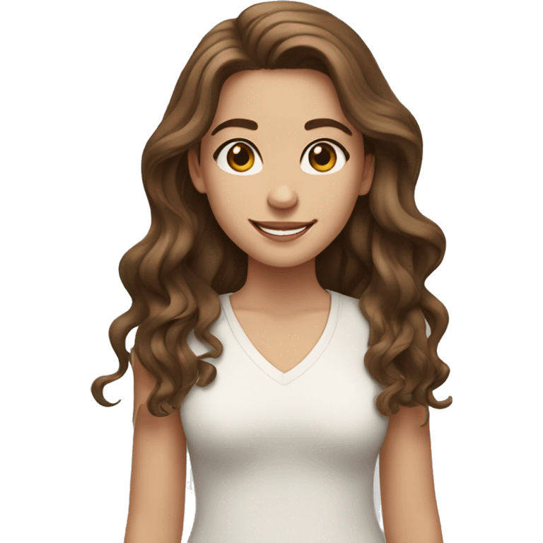 a white girl with brown wavy long hair, brown eyes and smiling  emoji