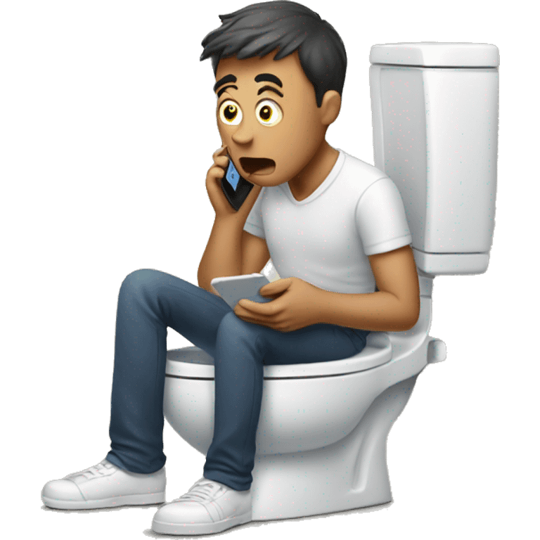 man sitting on toilet and shocked by information on phone emoji