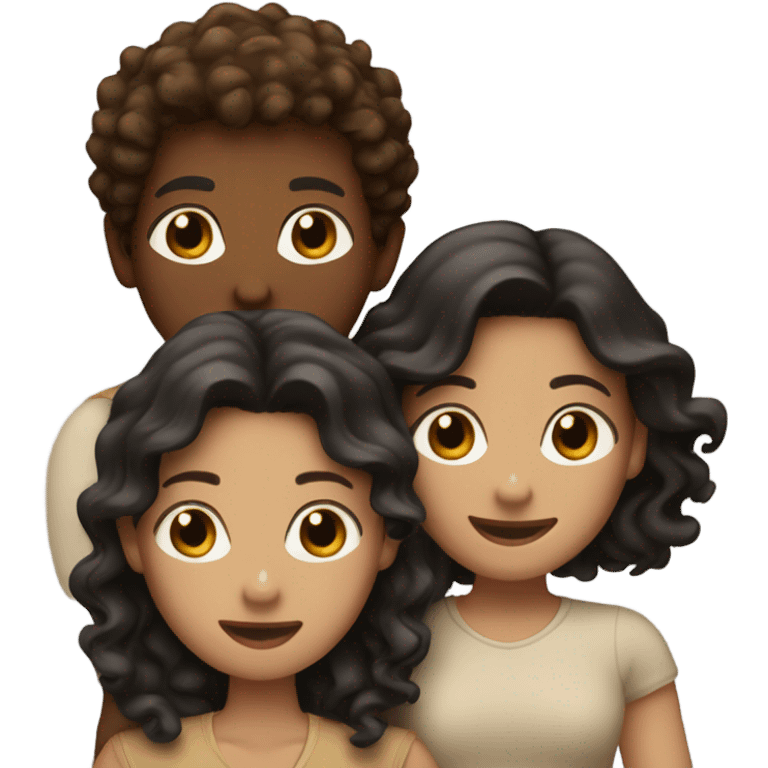 Three friends hugging. One white with dark brown wavy hair, one tan with brown hair, and one brown with curly black hair emoji