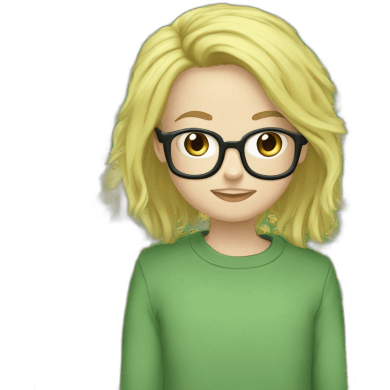 Un grand adolescent blond a lunettes avec du duvet , un sweat hunterxhunter vert avec la tête de gon freecs , ainsi qu'un jean qui tombe sur ses chaussures  emoji