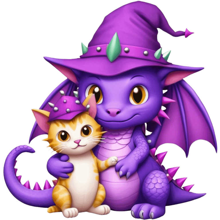 Purple Dragon with Spikes craddling a cat with a hat emoji